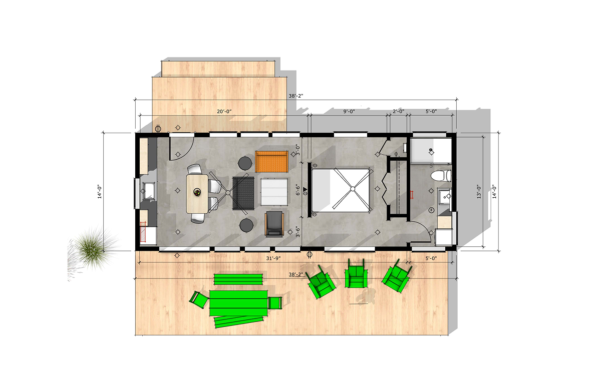Floor plan of a modern one-bedroom Ideabox prefab home with open living area, kitchen, bathroom, and two outdoor decks.