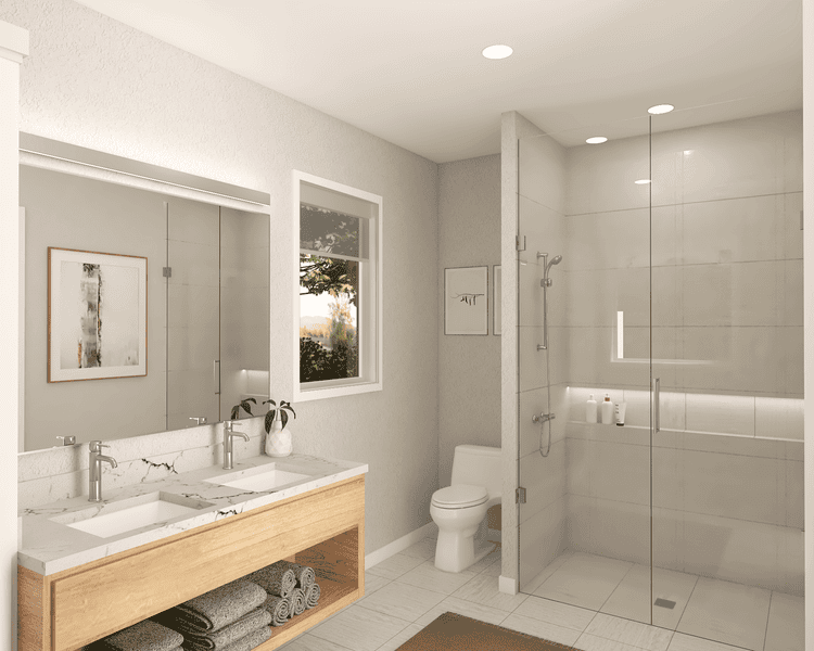 Bright, energy-efficient prefab bathroom with double vanity and glass-enclosed walk-in shower
