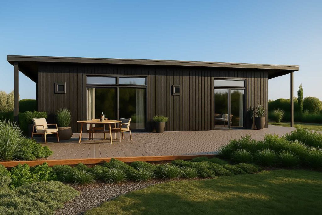 Tandem Exterior. Modern modular home exterior with large windows and a wooden deck, set in a scenic natural landscape.
