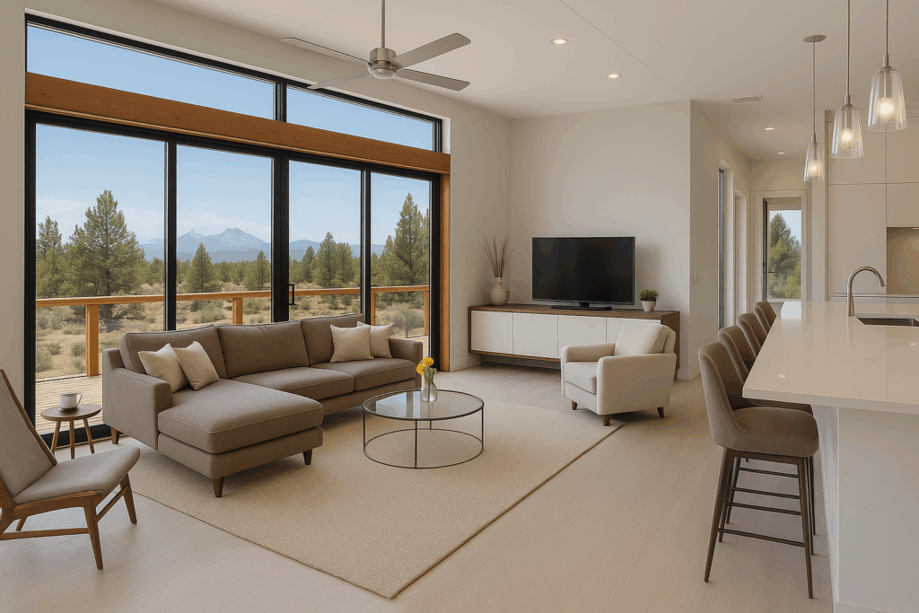 Stylish interior of a modular home with an open-plan living area, modern furniture, and large windows for natural light.