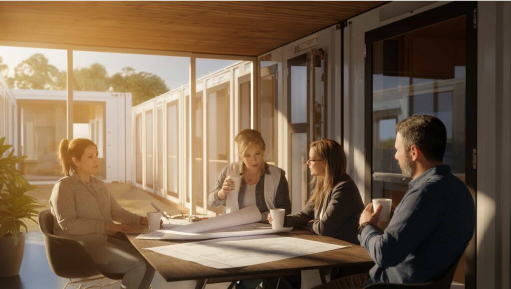a realistic image of architects discussing or planning the design of their prefab home with the clients that they have in a open area with coffee