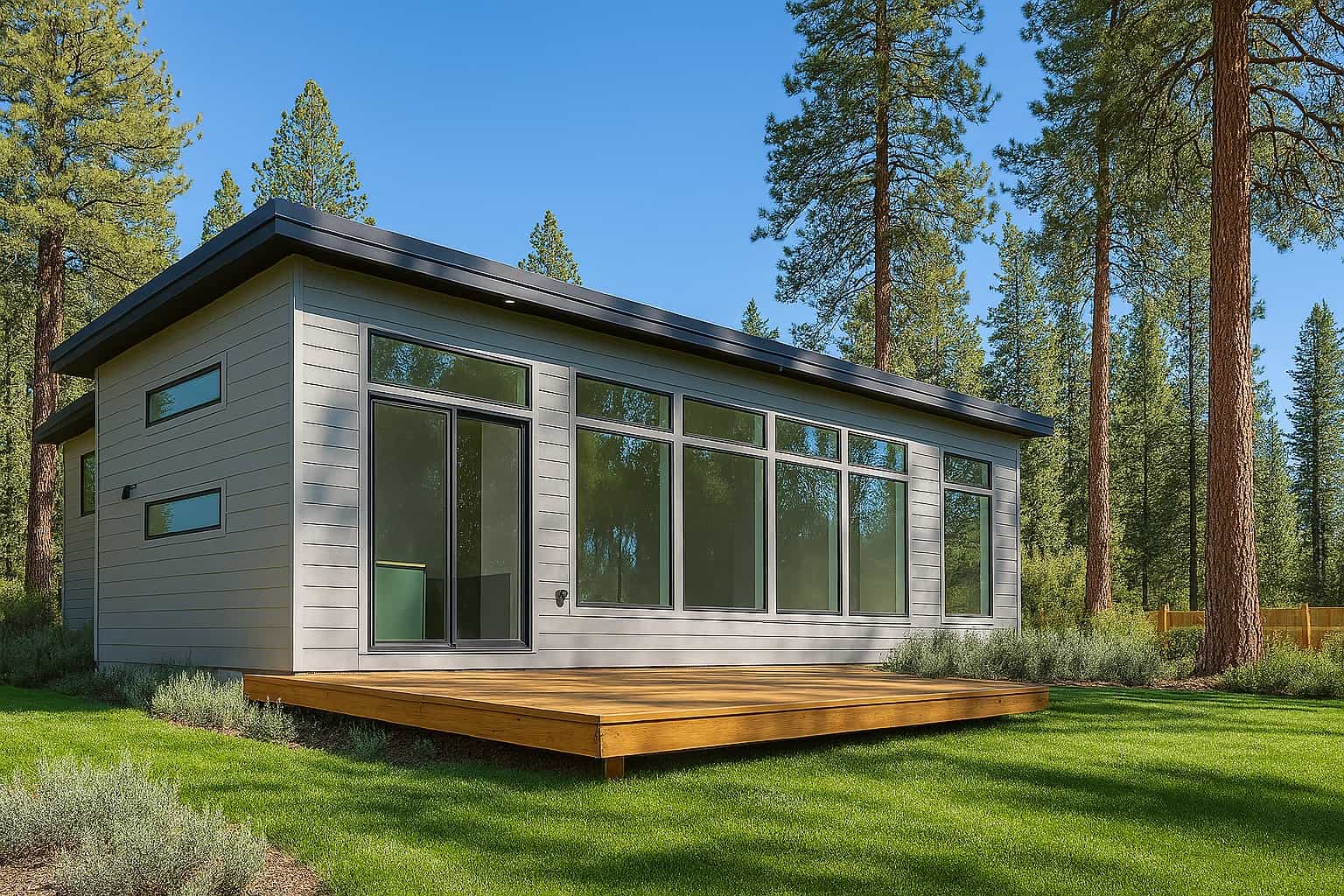 Modern single-story cabin with large floor-to-ceiling windows, a wooden deck, and surrounded by tall pine trees.
