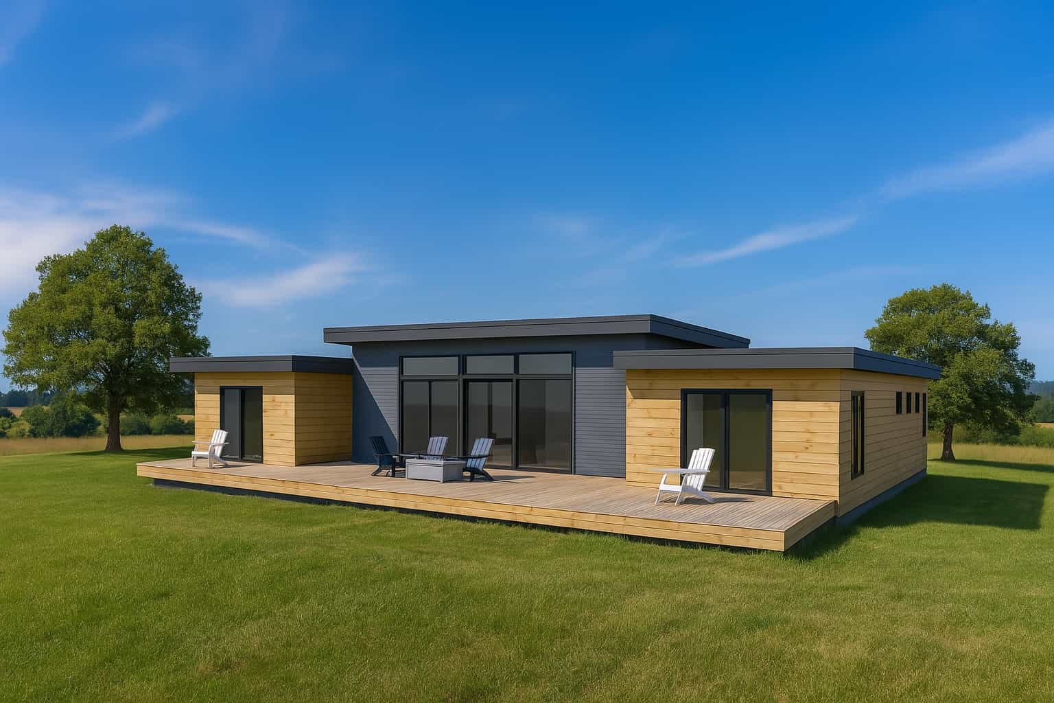 Modern modular home with large windows and wrap-around deck in a mountain setting