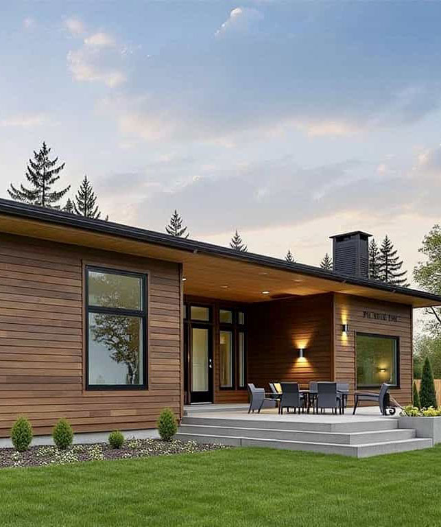 Modern prefab home with large windows and wood siding in a scenic setting