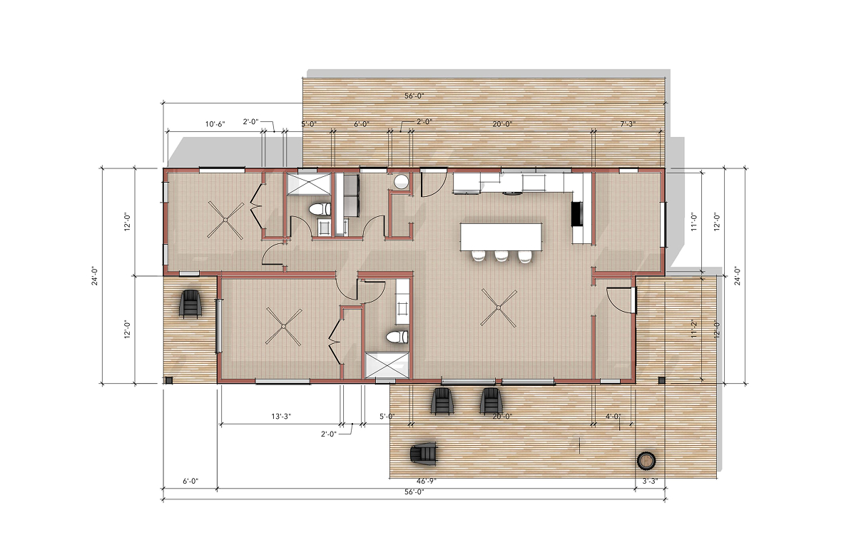 Floor plan of a contemporary modular home showing open living space, bedrooms, and bathrooms layout.