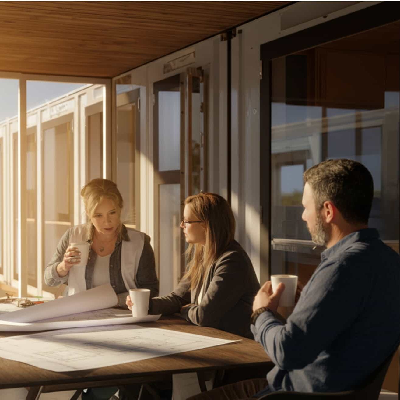 a realistic image of architects discussing or planning the design of their prefab home with the clients that they have in a open area with coffee