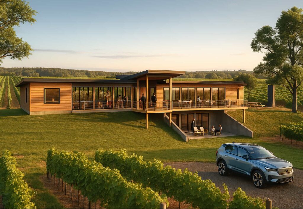 A modern commercial building set in a vineyard landscape during golden hour, with people gathered on the deck