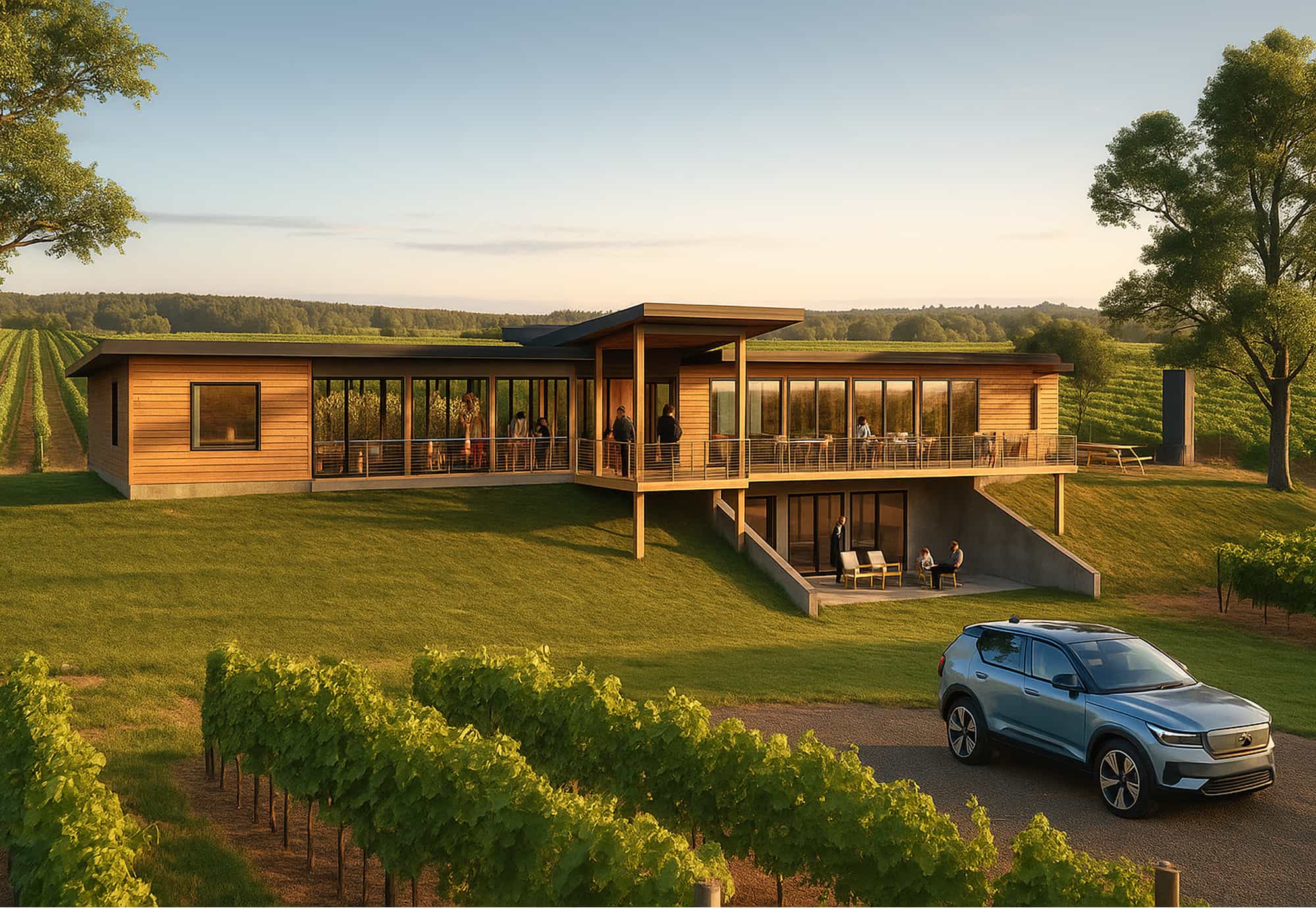A modern commercial building set in a vineyard landscape during golden hour, with people gathered on the deck