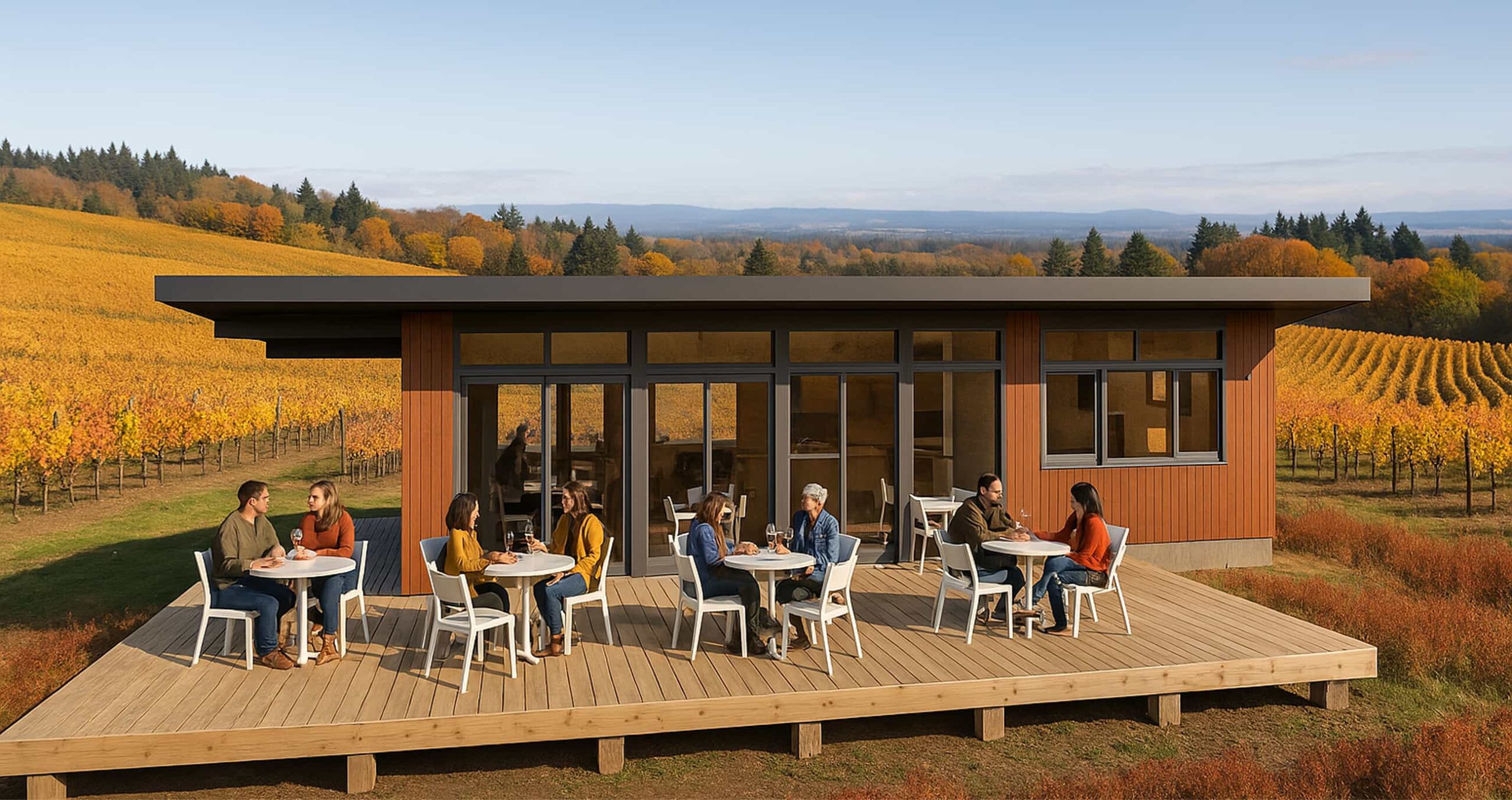 People enjoying wine and conversation on a wooden deck outside a contemporary building surrounded by vibrant autumn vineyards