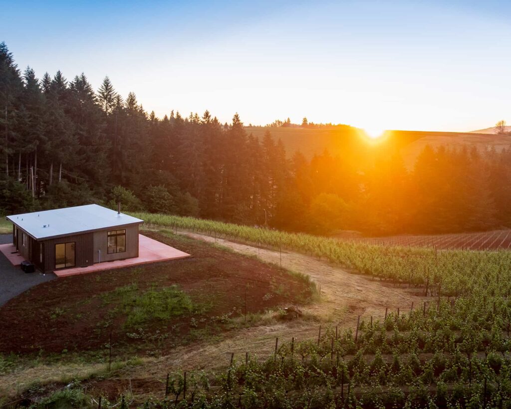 Aerial view of McIntyre Guest Cottage at sunset with vineyards in the foreground and golden light over forested hills