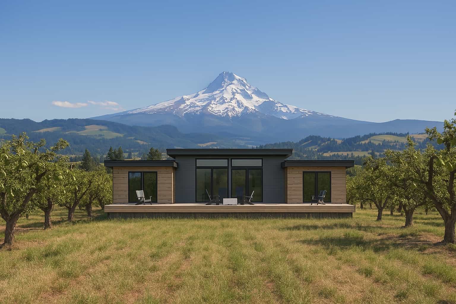Modern modular home with large windows and wrap-around deck in a mountain setting. monarch_hoodriver