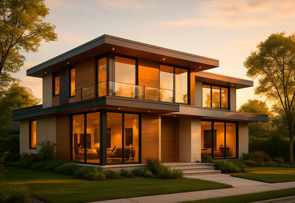 Modern two-story prefab home with floor-to-ceiling windows warm lighting and sleek design