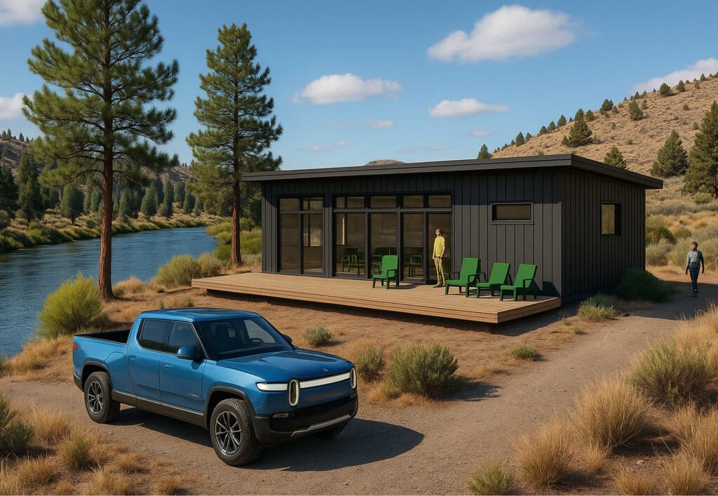 Black modular Ideabox vacation home with large windows and deck, set by a riverside in a scenic landscape.