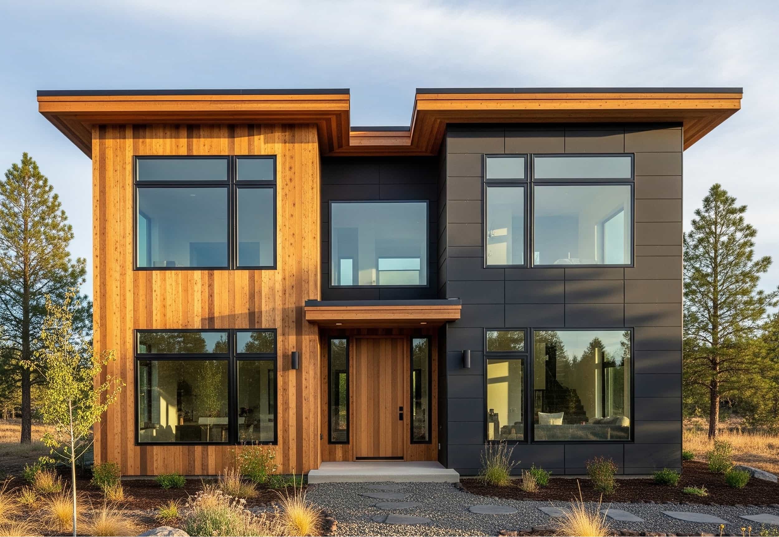 Modern Ideabox Verticals home with wood and dark panel siding, large windows, and flat roof.